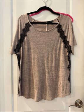 Lane Bryant Taupe and Black Lace Short Sleeve Top